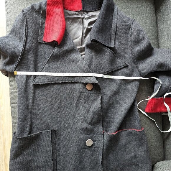 Annikki Karvinen Grey & Red Long 100% Wool Oversized Coat Handmade in Finland - Picture 11 of 14